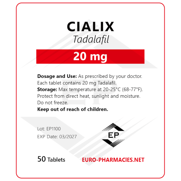 Cialix (Tadafil) - 20mg/tab -50 tab/bag - Euro Pharmacies - USA Domestic
